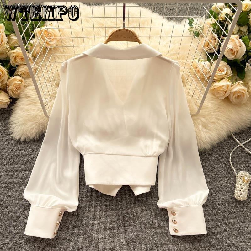 Jarní a podzimní dámská košile Design Sense Malá vráska Košile s výstřihem do V Dlouhý rukáv Košile s francouzským temperamentem Nepravidelný lem Elegantní košile s bublinkovým rukávem