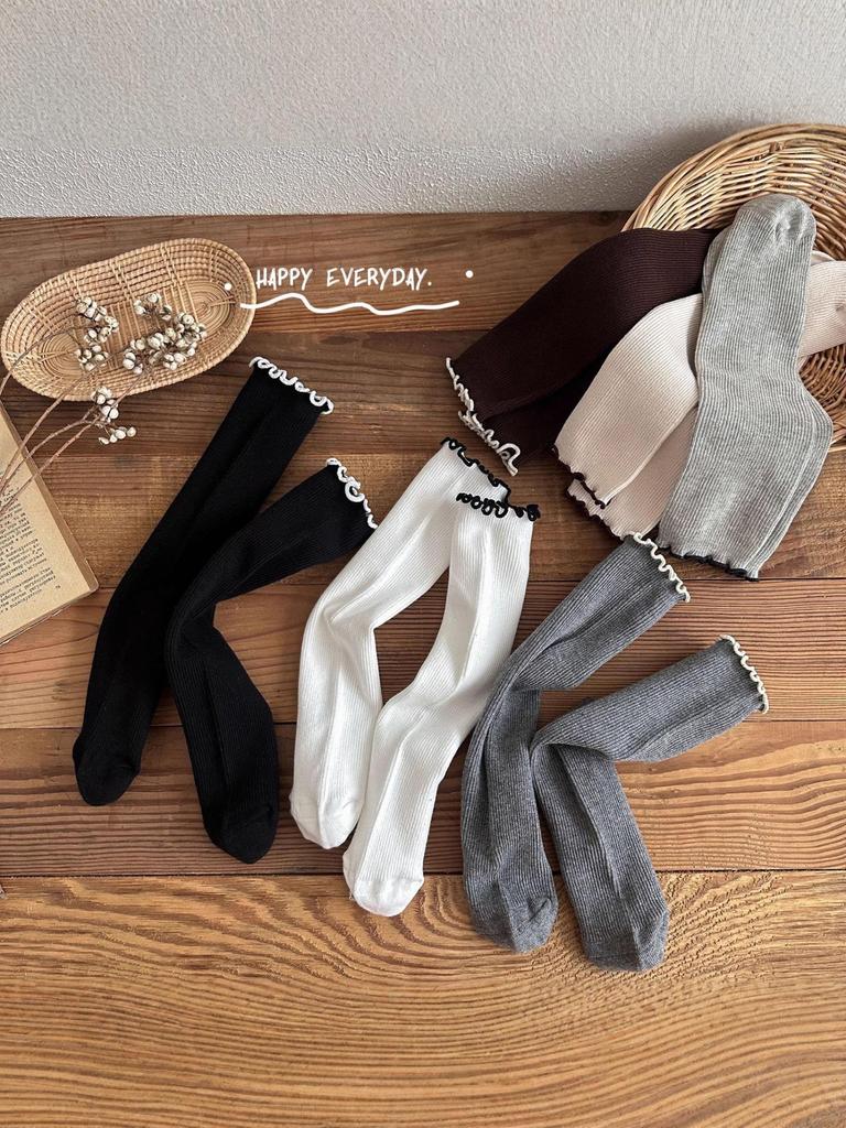 New Autumn & Winter Girls' Lace Ruffle Edge Mid-Calf Socks - Solid Color Princess Style