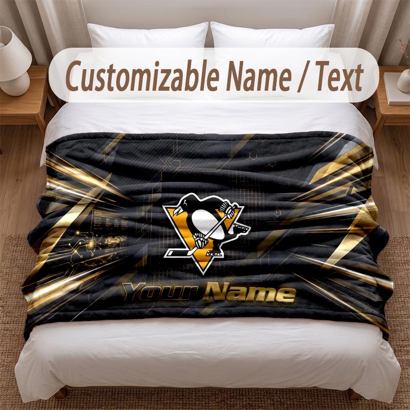 Pittsburgh Penguins Printed Flannel Blanket Custom Name Text Soft Warm Throw For Bedroom Holiday Gift