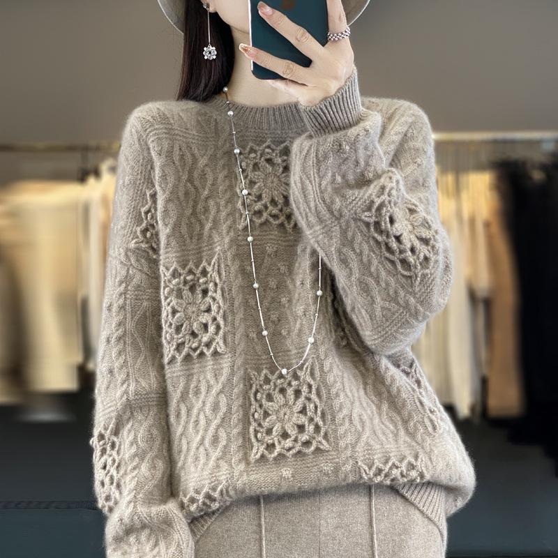 Women's 100% Pure Wool Crochet Loose Round-Neck Sweater - Heavy-Duty Trendy Base Layer