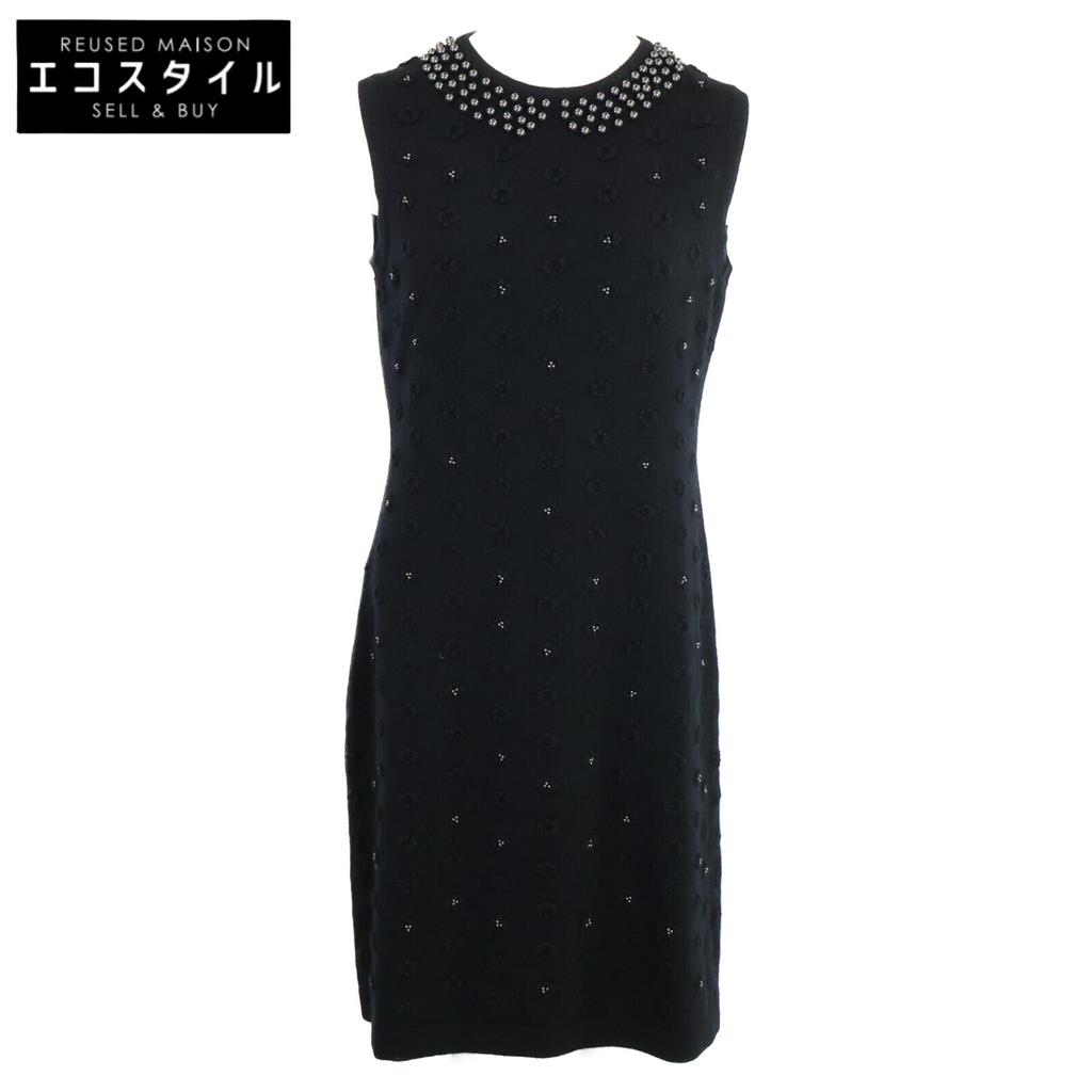 CHANEL Good condition, genuine Japanese product, P40686K02963, fake pearl & COCO button, flower motif, cashmere, sleeveless knit dress 38 blackUsed