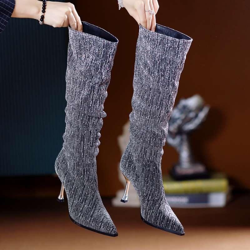 Women's New Autumn Thin Heel Single Boots Pointed Sleeve Sequin Cloth Anti-slip Wear-resistant Boots