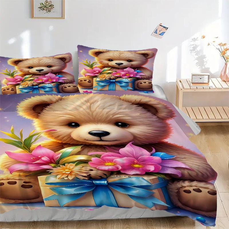 3pcs Anime Teddy Bear Bedding Set - Includes One Quilt Cover and Two Pillowcases (No Core) - Home Decor, Festival Gift, Polyester Fabric, Ca