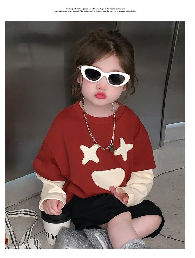 2025 New Girls' Stylish Fake Two-Piece Sweatshirt for Spring and Autumn