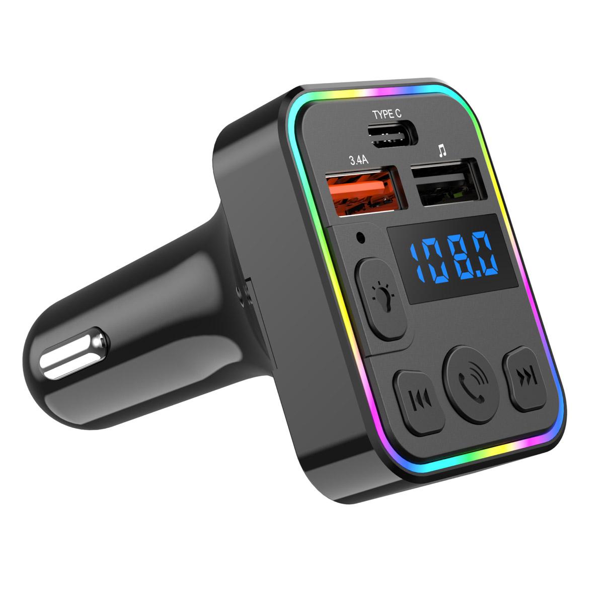 

Беспроводной FM-передатчик, автомобильное зарядное устройство с двумя портами USB Type C, зарядка телефона, карта TF, музыкальный MP3-плеер, беспроводной автомобильный комплект Hands Free чёрный