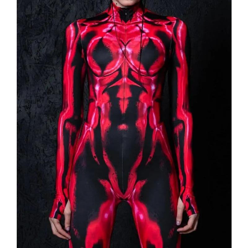 Damski Halloweenowy Kombinezon Body z Długim Rękawem z Nadrukiem Cyfrowym Slim Kostium Cosplay