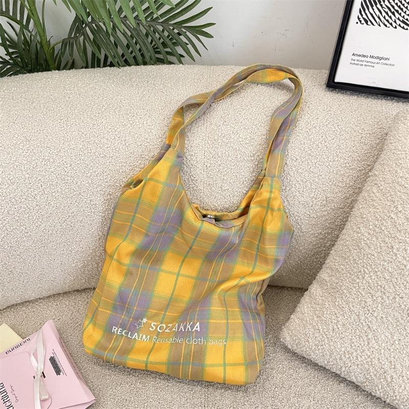 

Simple embroidery single shoulder plaid vest bag large capacity light commuter canvas bag tote bag