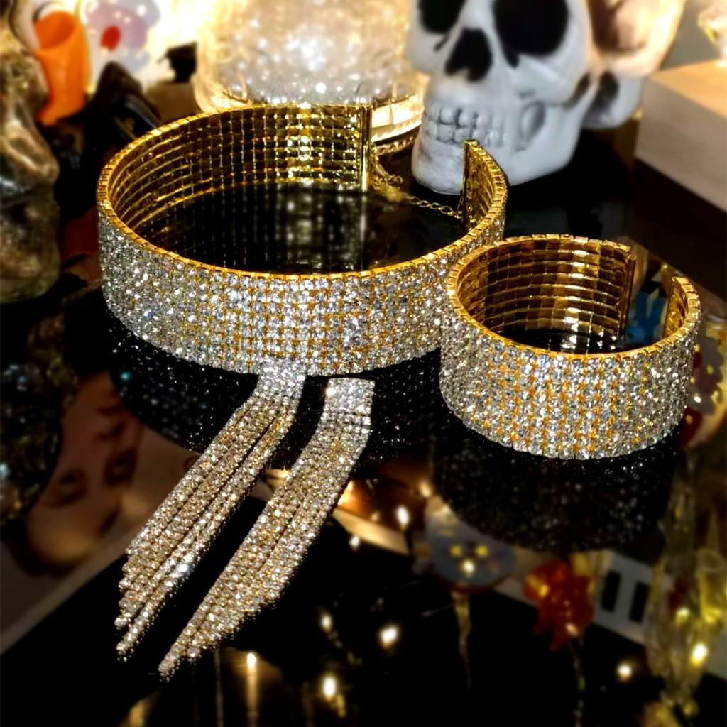 Collar three-piece luxury high-end multi-row rhinestone necklace, earrings, bracelet, fashion bridal jewelry, dress accessories