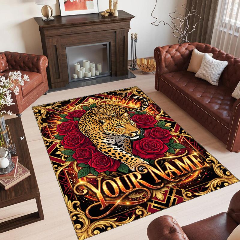 Leopard Theme Crystal Velvet Floor Rug Personalized Custom Name Text Warm Carpet Home Decoration