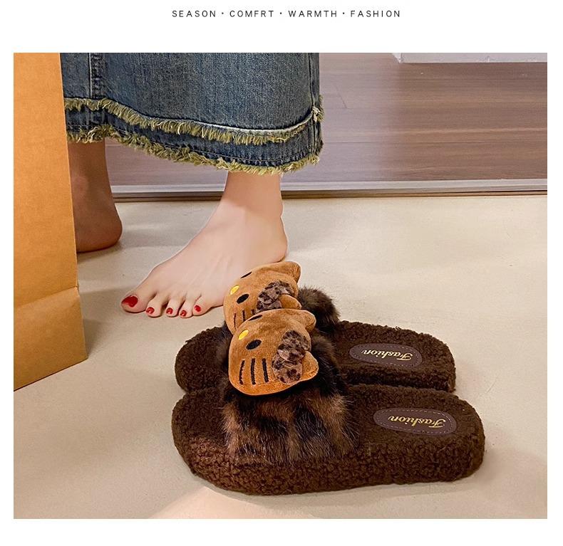 Women's Cute Leopard Print Fuzzy Cat Slippers – Cozy Winter Cotton Slide with Thick Sole