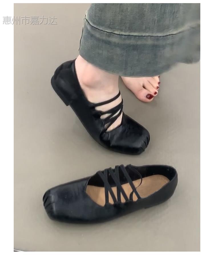 Sheepskin~ French square head cross strap Mary Jane shoes spring and autumn flat-soled single shoes women's shallow mouth soft-soled ballet shoes