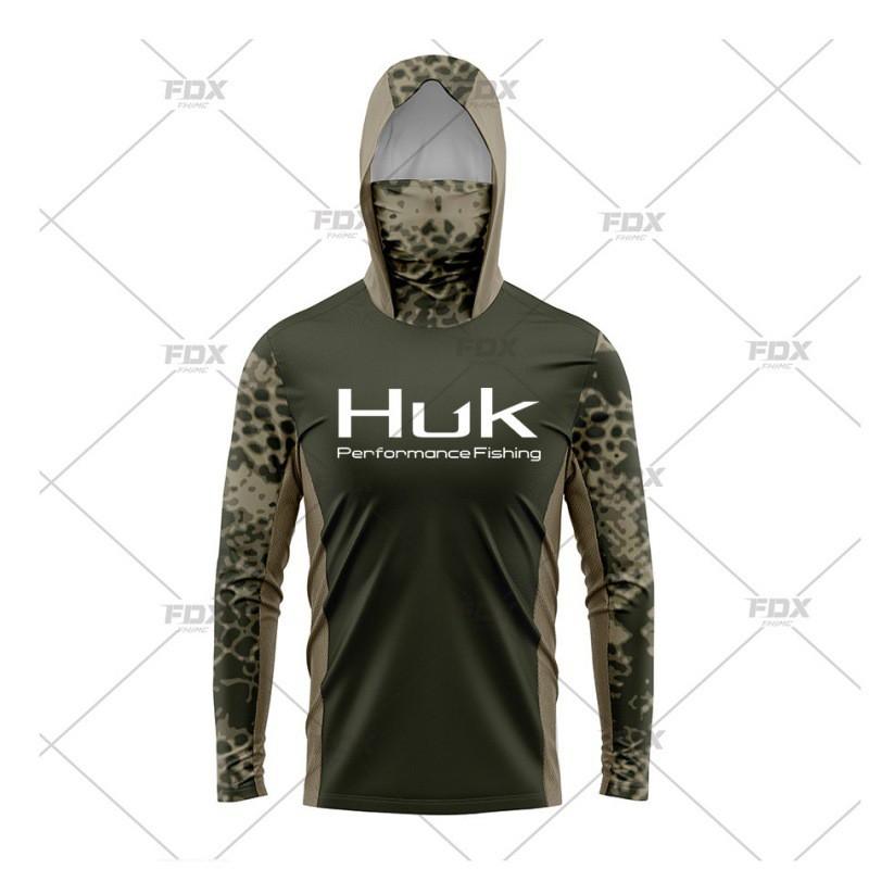 Mens Quick-Dry Fishing Shirt With Hood Neck Cover UPF50 Sun Protection Lightweight Long Sleeve T-Shirt