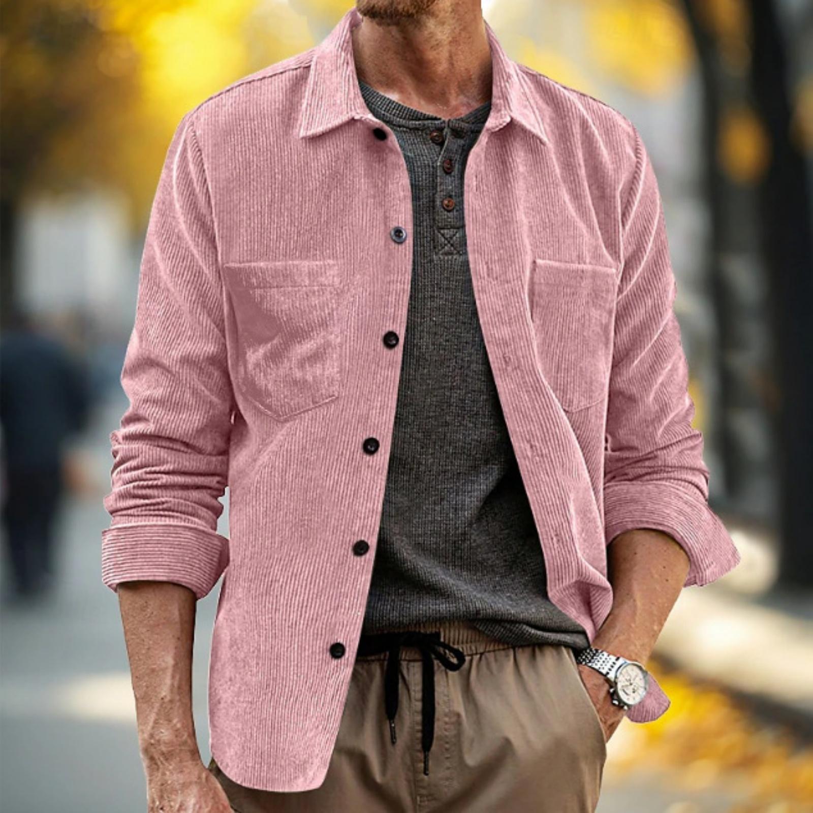 Men s Casual -color Corduroy Button Shirt, Men s Lapel Long-sleeved Trendy Loose Shirt M