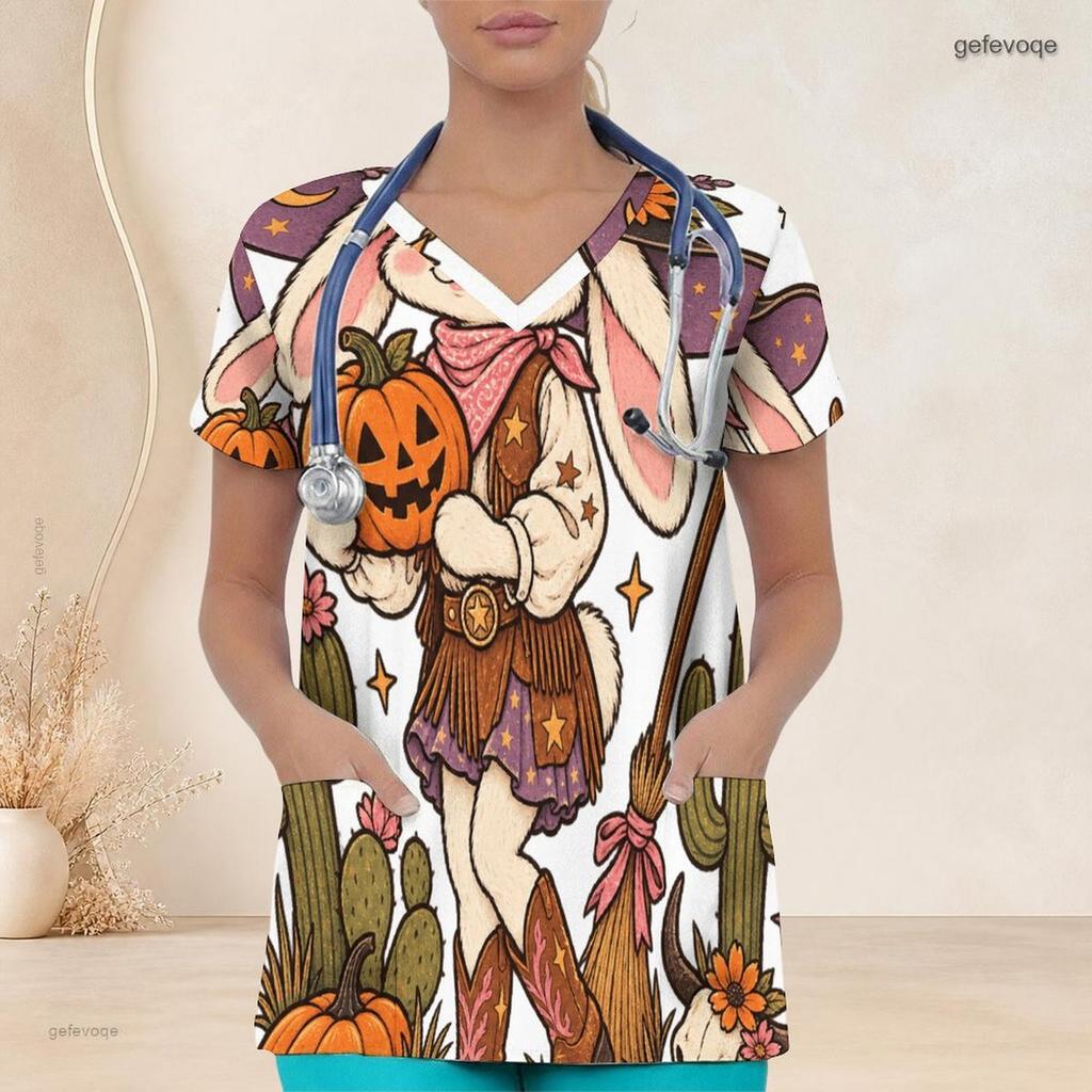 Women Plus Size Halloween Ghost Pumpkin Print Scrub Top V Neck Short Sleeve With Front Pockets