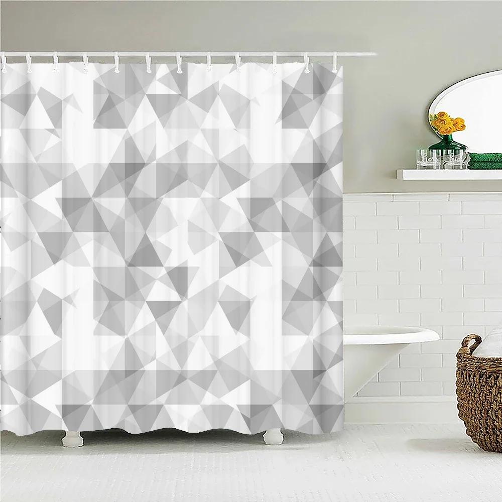 Simple Geometric Pattern Fabric Shower Curtain Bathroom Curtains Stripes Mosaic Bath Screen Waterproof Polyester With 12 Hooks