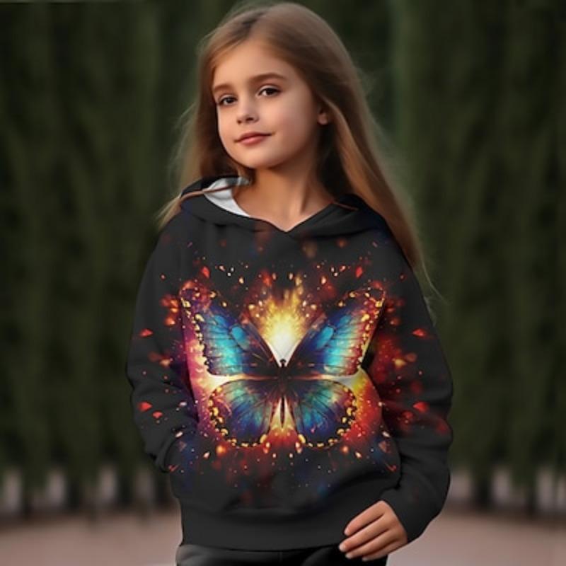 Sudadera con capucha de mariposa 3D para niña, manga larga, estampado 3D, otoño invierno, moda activa, linda, poliéster, niños 3-12 años, exterior, casual, diario, corte regular