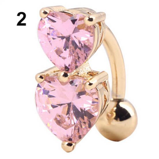 Inverted Plastic Bar Belly Ring Gold Body Perforated Button Navel Two Hearts