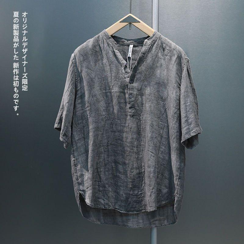 Men s White Linen Blend Henley Neck Short Sleeve Shirt M серый