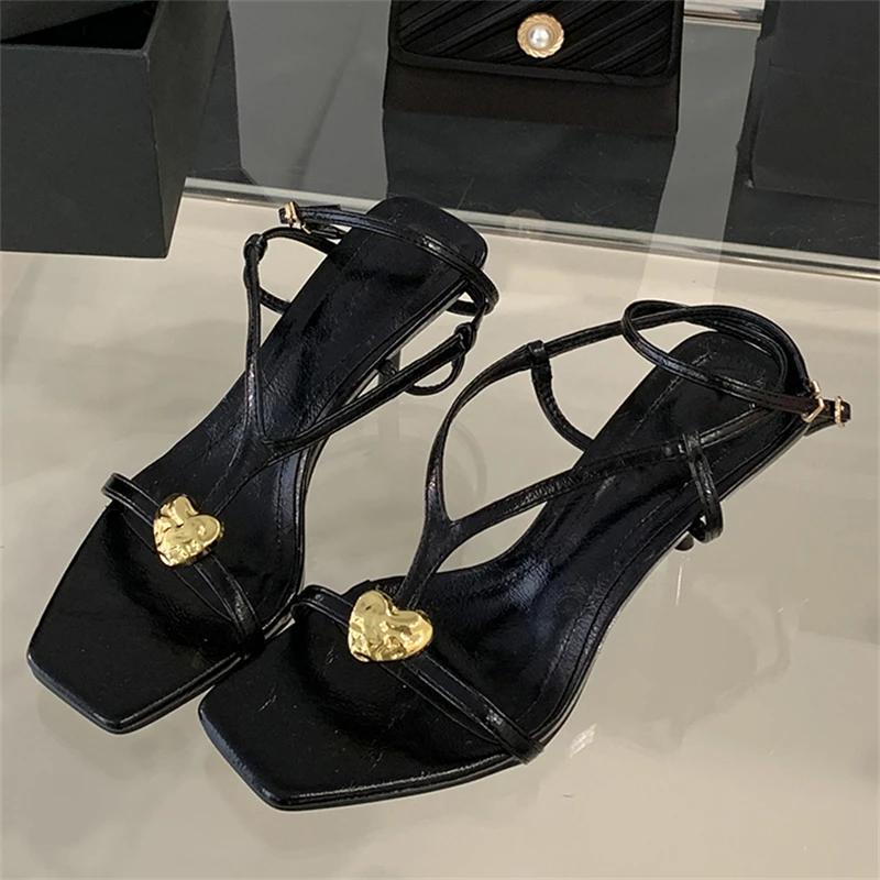 Fashion Women Sandals Summer Metal Buckle Narrow Band High Heel Sandals Shoes for Women Band Open Toe Thin Gladiator Party Shoes Zapatos