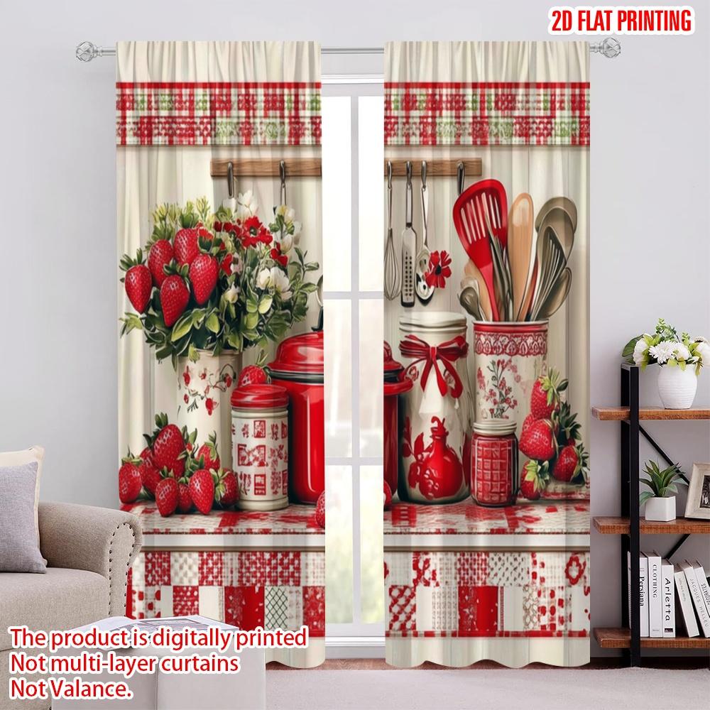 2pcs,2D Plane Printing Curtains Roller Blinds Strawberry Kitchen Durable 100% Polyester Fabric (without Rod) Decorations Inside
