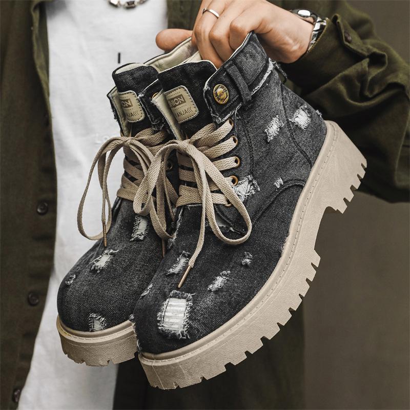Large Size Martin Boots Men's Denim High-top Retro Locomotive Medium-top Thick-soled Tooling Boots Z32
