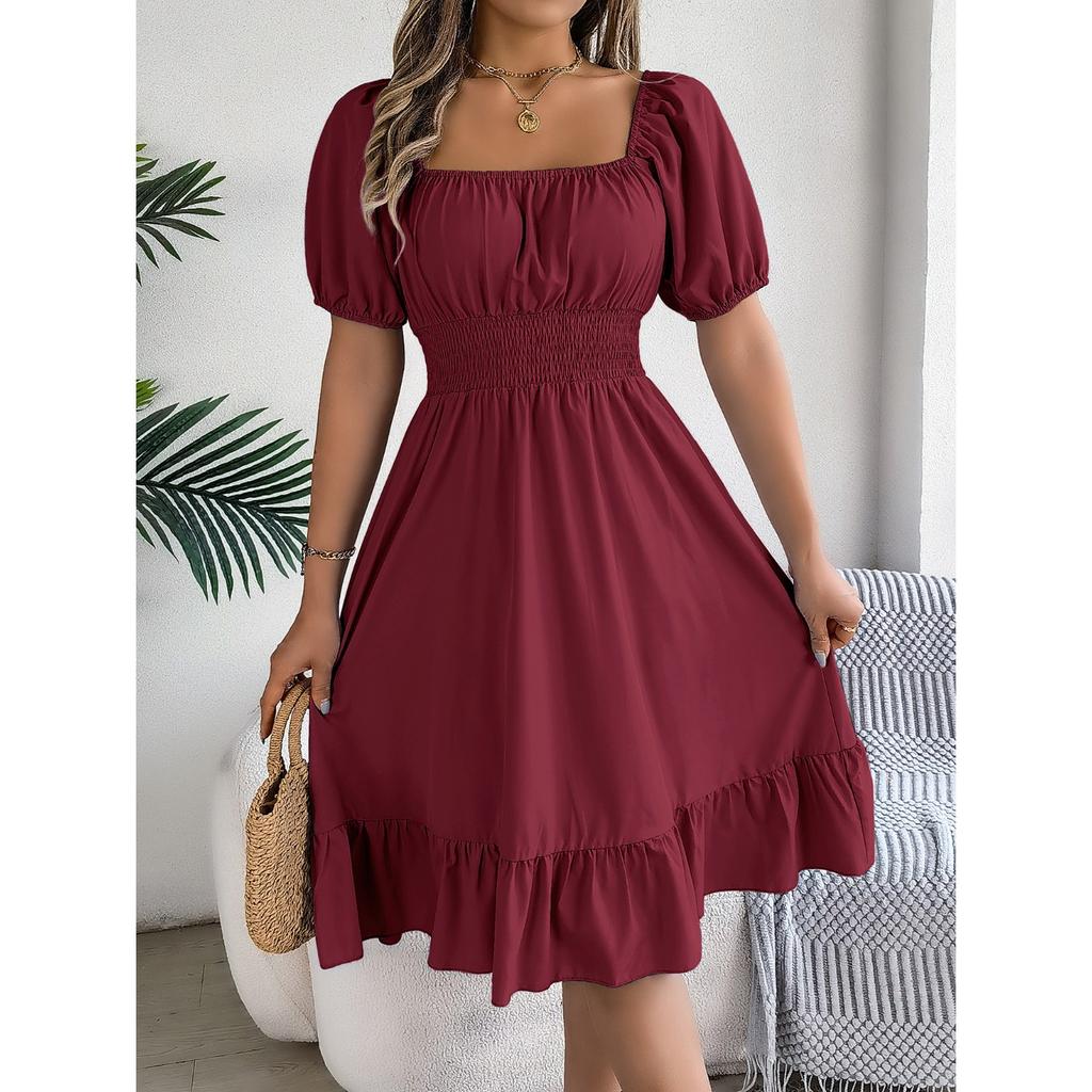 GMXIA Spring and Summer Casual Square-neck Short-sleeved, Waist-cinched, Ruffled A-line Skirt Women's Clothing