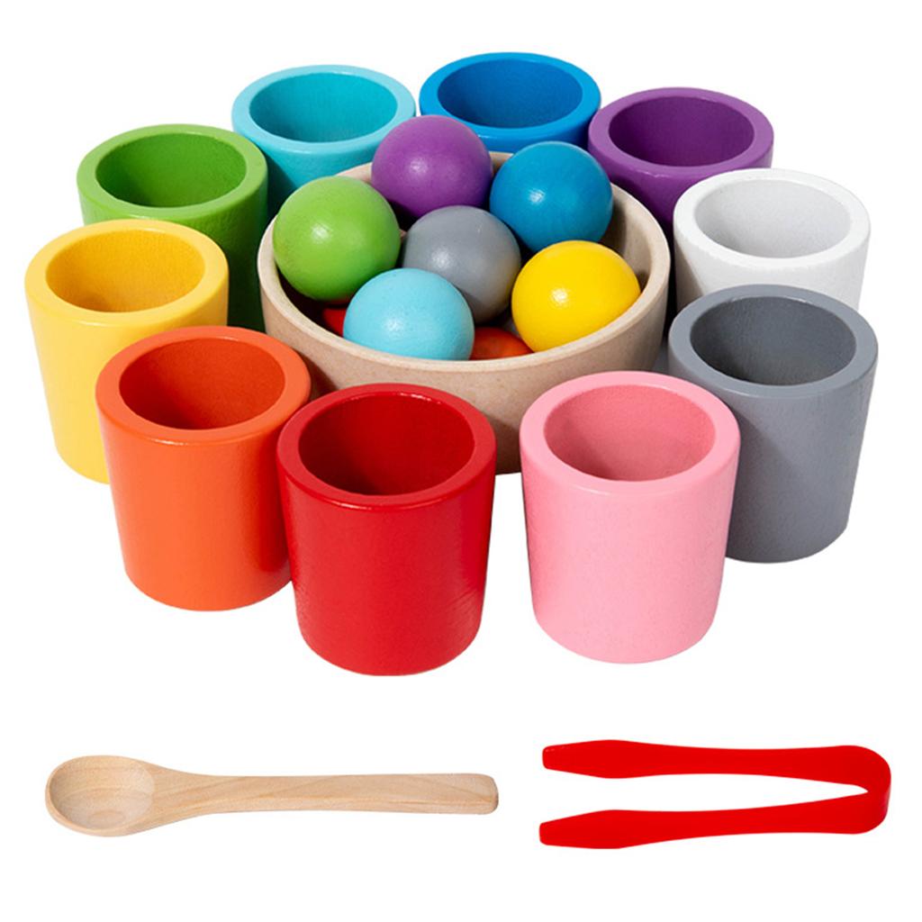 Rainbow Balls In Cups Wooden Matching Games Learning Color Sorting and Counting Activities Balls Montessori Toys for Toddlers