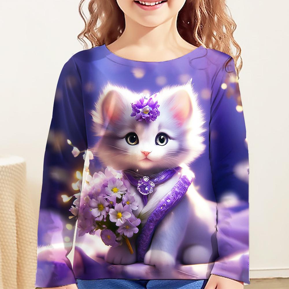 Cute Cartoon Cat Print Clothes Autumn Children Top Round Neck Long Sleeve T-Shirt Fashionable Comfortable Versatile Leisure T-shirt