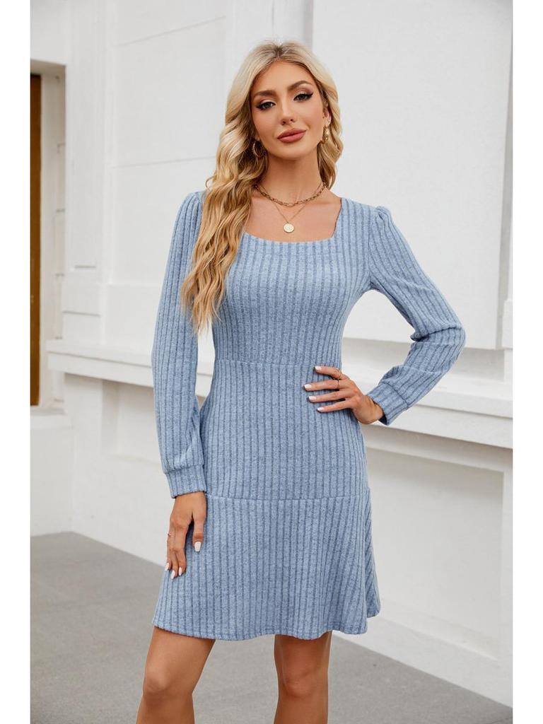 2026 Trendy Women's Square Neck Lantern Sleeve Babydoll Dress with Pockets