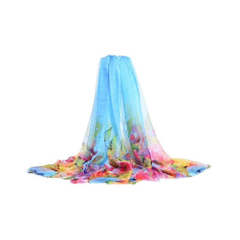 Women Floral Chiffon Shawl Light Thin Sheer Long Beach Wrap Multifunctional Neck Scarf Hair Band Bag Decor Fashion Holiday Sun Protection Accessory