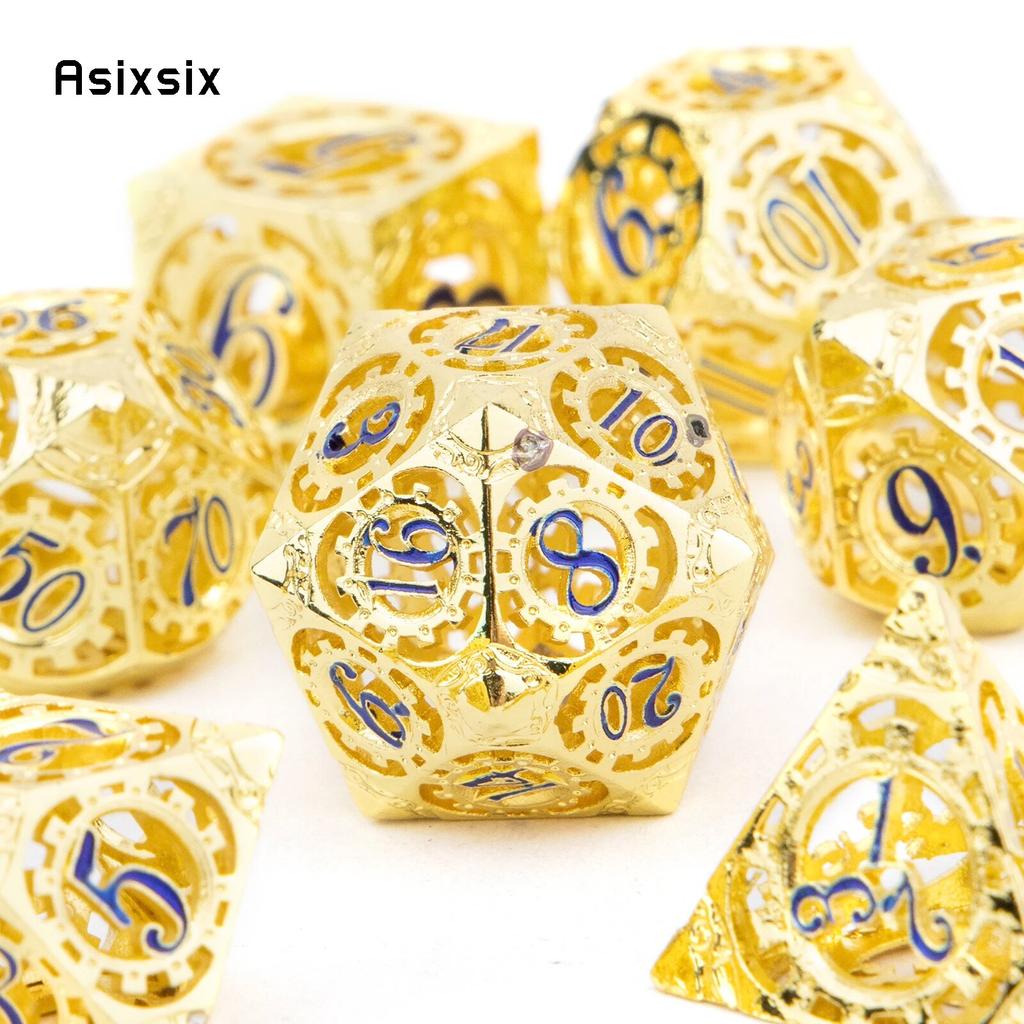 7 Pcs Yellow Blue Gear Wheel Metal Dice Hollow Metal Polyhedral Dice Set Suitable for Role-Playing RPG  Board Game Card Game