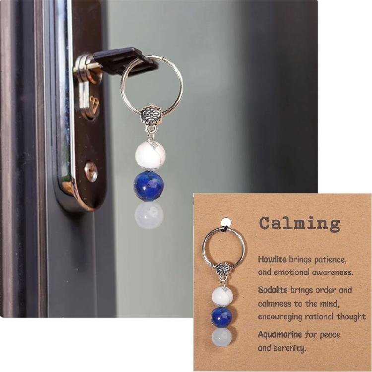 Natural Crystal Stone Keychain Green Chrysoprase Pink Moonstone Rose Quartz Beaded Healing Jewelry For Emotional Balance Gift