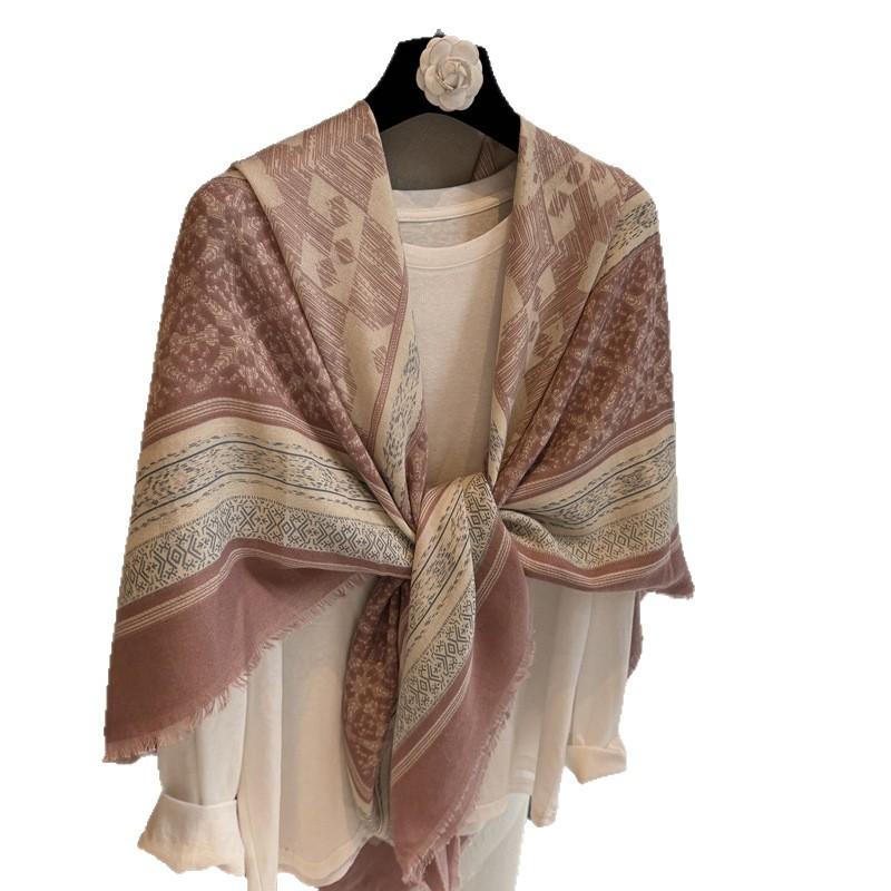 Ethnic Style Retro 130 Large Square Scarf Female Travel Photo Scarf Thin High-End Air-Conditioned Room With Pink Shawl