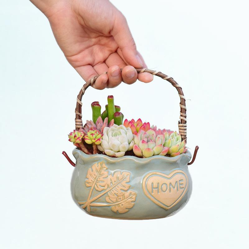 Nordic Style Ceramic Basket Succulent Pot, Breathable Relief Planter with Rattan Handle, Desktop Home Garden Decor
