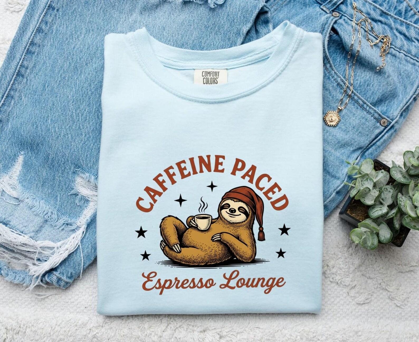 Sleepy Coffee Sloth Shirt Coffee Nature Gift Women Classic Tee Sloth T-Shirt Coffee Fan Caffeine Tshirt Wildlife Graphic Ink Glitter Tshirt S