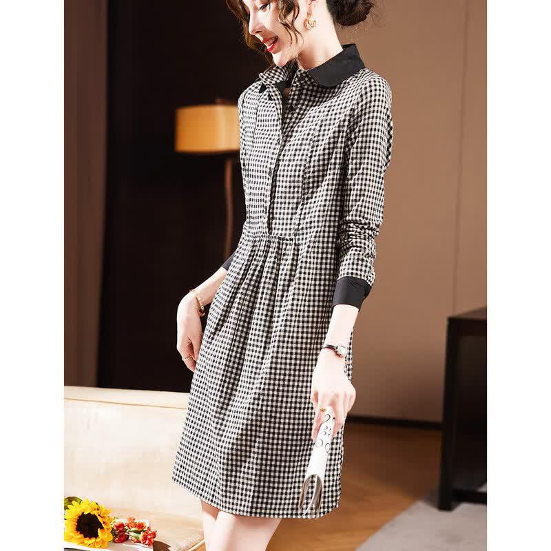 D.F.DEAR Women's Houndstooth Lapel A-Line Long Sleeve Dress