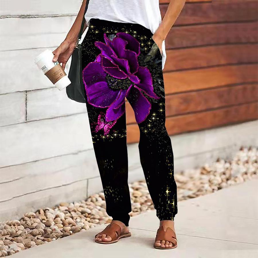 Women Flower Printing Pants Lace Up Elastic Waist Loose  Trousers Casual Long Pants Trousers with Pockets