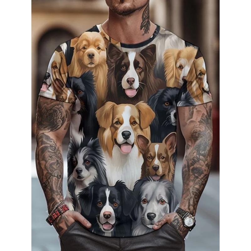 Summer Round Neck 3D Print Cute Dog Top Fashionable Casual Short Sleeved Men's T-shirts
