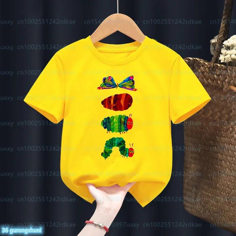 Newly Kids T-Shirt Funny The Very Hungry Caterpillar Cartoon Print Tshirts For Boys Summer Cute Boys/Girls Yellow Tshirt Top