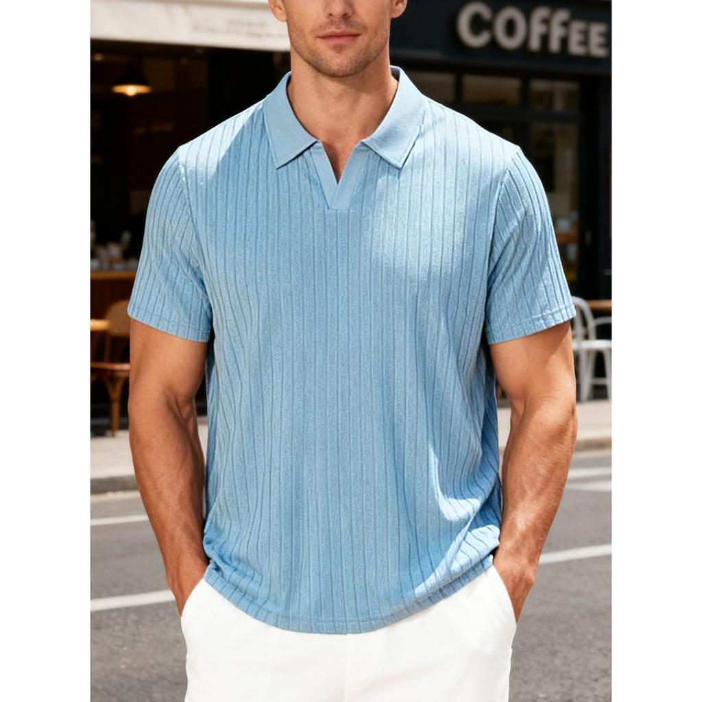 Summer Casual Breathable Towel Jacquard Lapel Men's Striped Short-sleeved Shirt