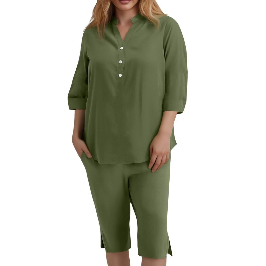 Dámský volný módní jednobarevný bavlněno-lněný top s dlouhým rukávem na knoflíky a šortky