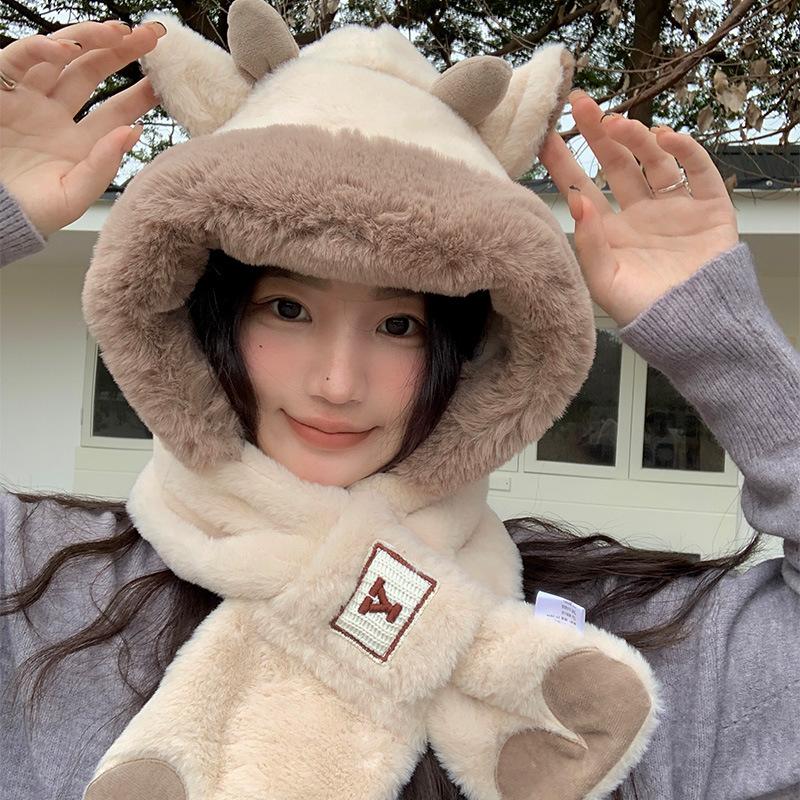 New Bear Hat Winter Cute Warmth Thickened Scarf Integrated Ear Protection Hat Three Piece Set Riding Cold Imitation Rabbit Hair