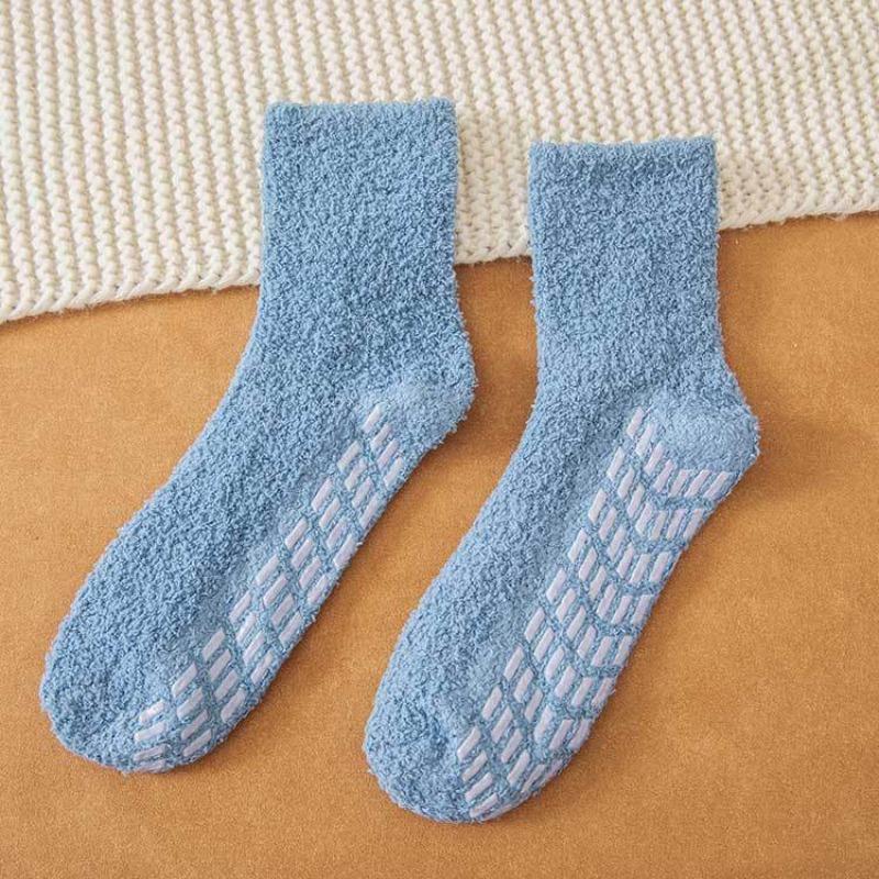 Non-shedding Coral Fleece Socks - Women's Solid Color Anti-slip Adhesive Socks for Winter and Autumn Warmth - Towel Half Fleece Floor Socks
