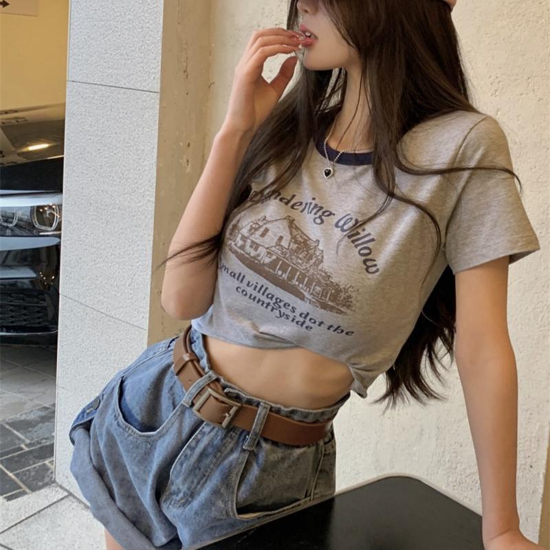 Summer Casual Slim T Shirt Women's Streetwear Harajuku Vintage Graphic Print Short Sleeve T-shirts for Women Y2k Crop Tops Clothes