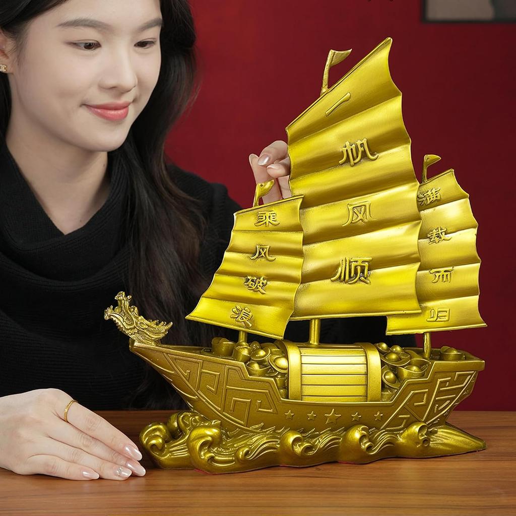 Brass 'Smooth Sailing' Dragon Head Ship Feng Shui Statue – Chinese Wealth & Prosperity Figurine for Entryway, Home Office Desk or Shelf Decor, Gift