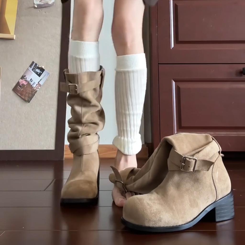 Western Cowboy Boots Women's Belt Buckle Boots But Knee Pile Boots Thick Heel Skinny Long Tube