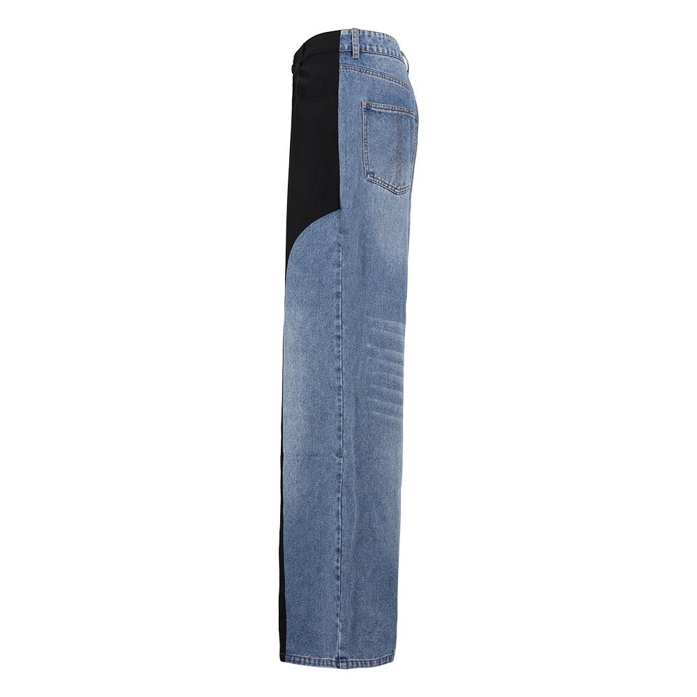Herbst Europäischer Amerikanischer Stil Schwarz Blau Unregelmäßiger Patchwork Weiter Bein Laufsteg Jeans für Damen