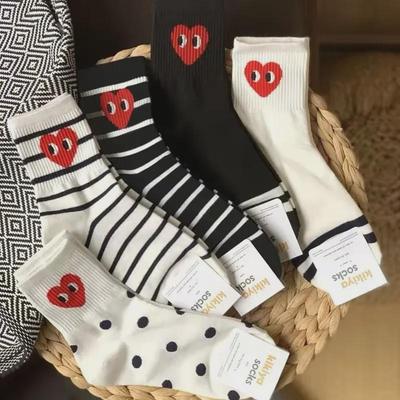 Korean-Style Black & White Heart Polka Dot Mid-Tube Cotton Socks - Trendy, Casual Sports Fashion for Women