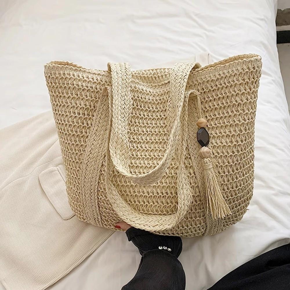 Casual Solid Color Tote Bag Large Capacity Hand Woven Shoulder Bag Tassel Pendant Square Handbag Women