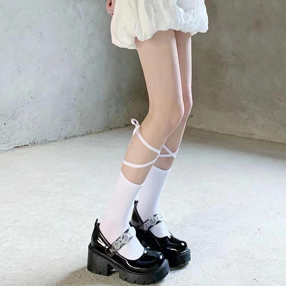 Spring And Autumn Tide Niche Design Cross Calf Tie Black Medium Tube Women'S Summer Cotton Long Socks Strong Pressure Thin Leg Socks